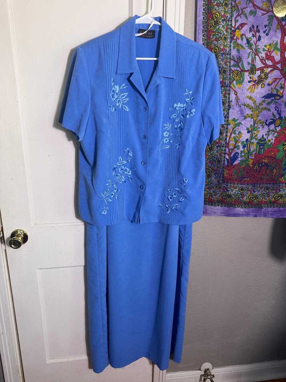 Vintage 90s MHM Melissa Harper Blue Dress Jacket Set Embroidered 2 Piece - XL